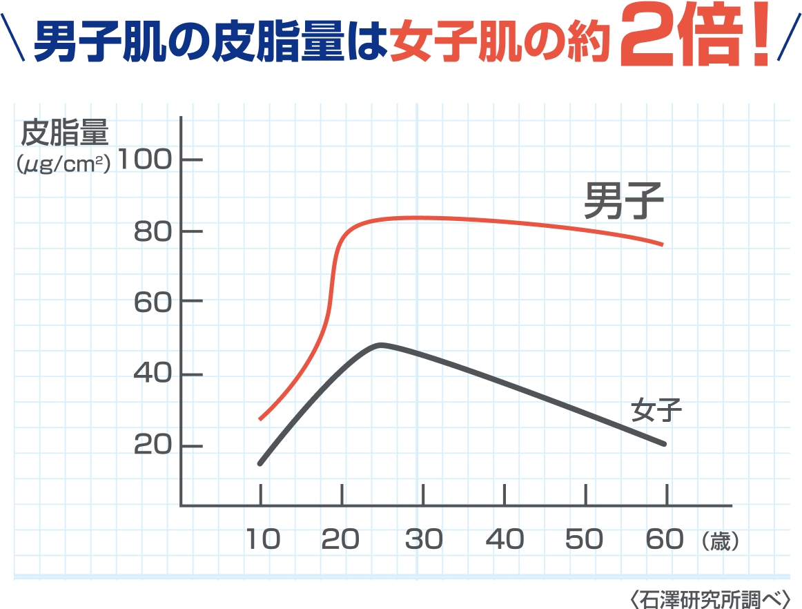 男子肌の皮脂量は女子肌の約2倍!