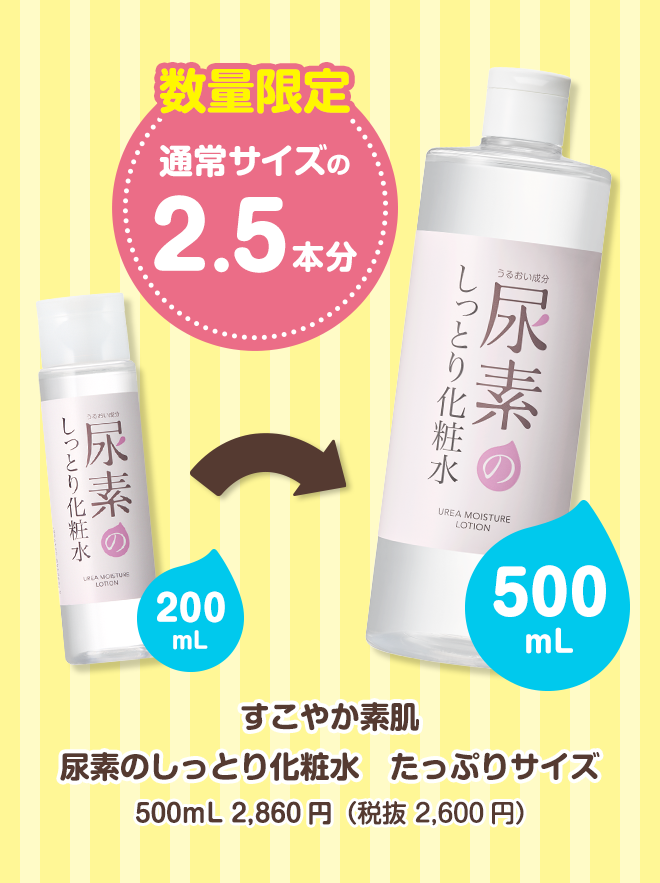 すこやか素肌 尿素のしっとり化粧水　たっぷりサイズ 500mL 2,860円（税抜 2,600円）