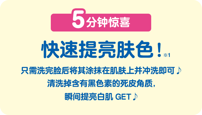 5分钟惊喜 快速提亮肤色！※1 只需洗完脸后将其涂抹在肌肤上并冲洗即可♪ 清洗掉含有黑色素的死皮角质，瞬间提亮白肌GET♪