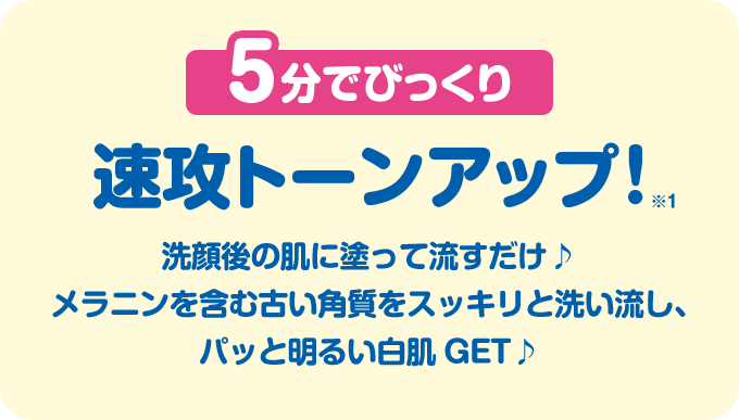 ５ふんでびっくり 速攻トーンアップ！ ※1 洗顔後の肌に塗って流すだけ♪ メラニンを含む古い角質をスッキリと洗い流し、ぱっと明るい白肌GET♪